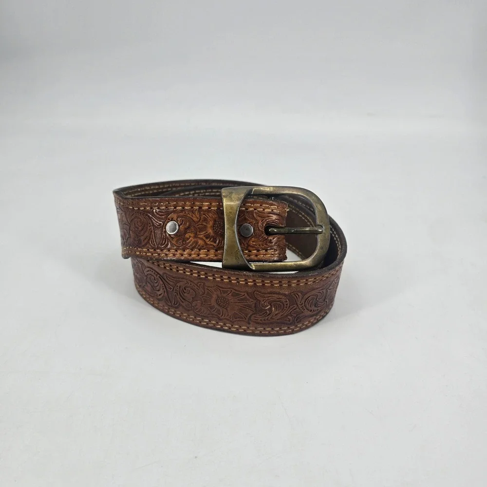 Tony Lama Belt Size 36 Brown Tooled Leather Floral Western Cowboy Brass Buckle